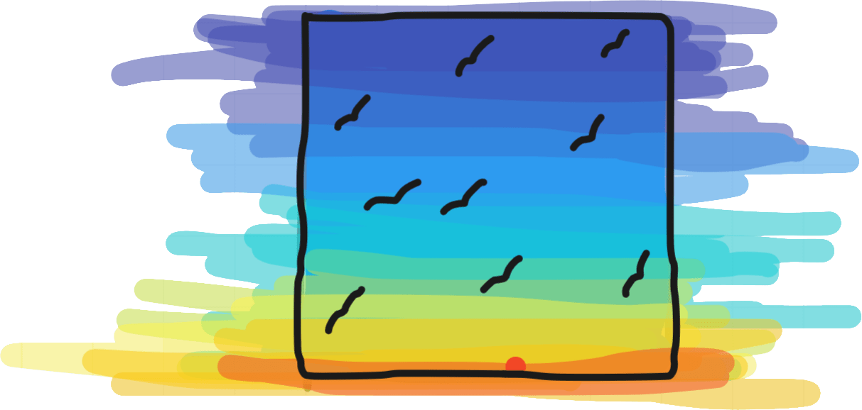 square doodle with a sunrise gradient and some simplified birds midflight, with the gradient colours horizontally spilling outside the frame