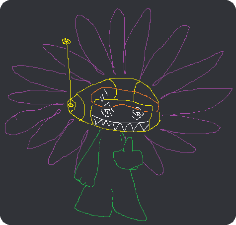 an outline-coloured simple bipedal entity with spiral eyes, a big sharp grin, antenna-equipped helmet and goggles, reimagined as a simple purple flower, showing a middle finger to the viewer