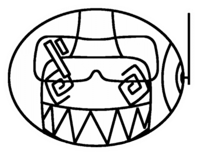 horizontally-oval cartoonish head with spiral eyes and sharp grin, equipped with antennaed helmet and goggles