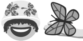 greyscale smiling face with eyes covered by drawn hair and bucket hat with clovers on it, presented with greyscale butterfly on upward palm