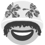 greyscale smiling face with eyes covered by drawn hair and bucket hat with clovers on it