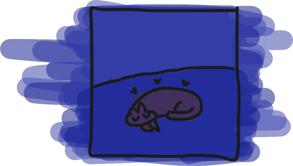 square doodle with blue background spilling out of frame and a translucently brown cat sleeping on the fore, with three hearts surrounding from above them