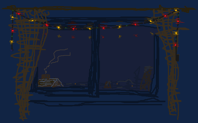 doodle of a nighttime view upon a window, draped with fairylights lit up in red and orange, curtains drawn aside. visible from the window is part of a house with a smoking chimney, and some other things indistinctly drawn