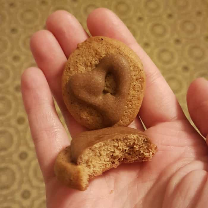 me holding 2 tiny gingerbreads, one bitten in half, with brown icing