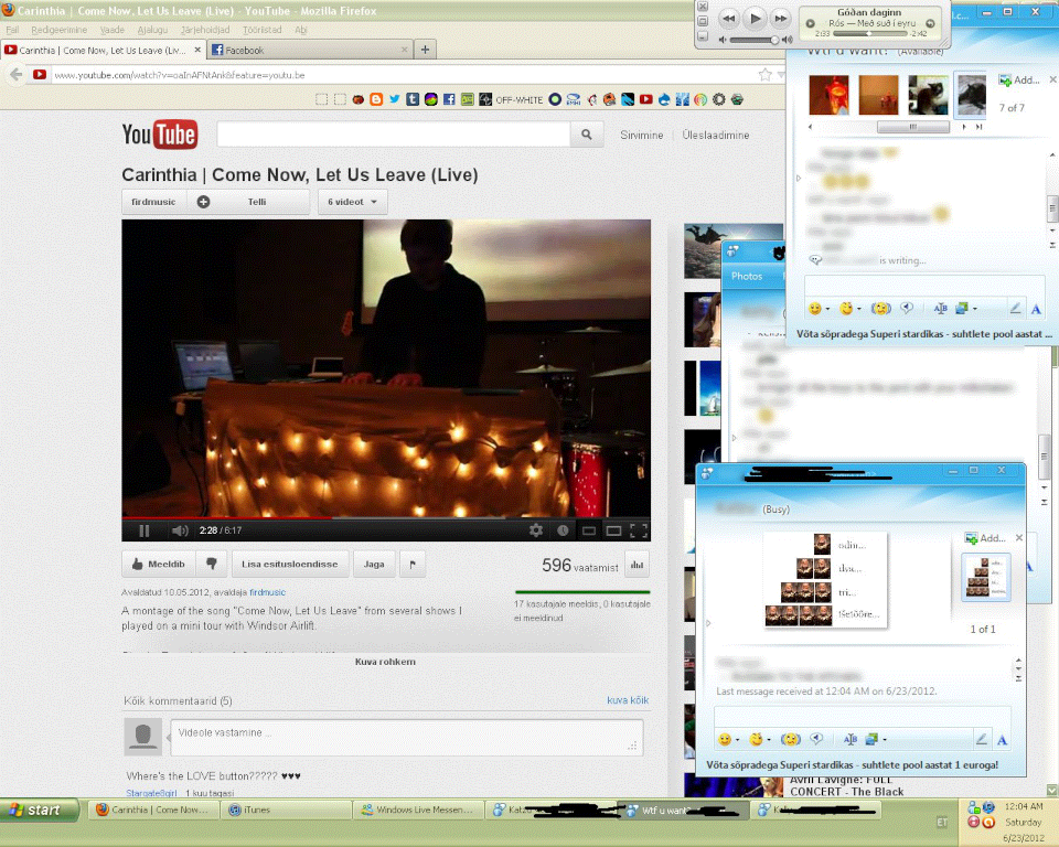 my screen, on june 23 2012 12:04am, with youtube and a few windows live messenger windows side by side, and youtube playing a carinthia live video