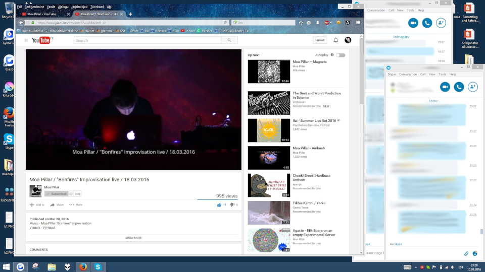 my screen, on september 10 2016 11:26pm, with youtube and a couple skype chat windows side by side, and youtube playing a moa pillar live video