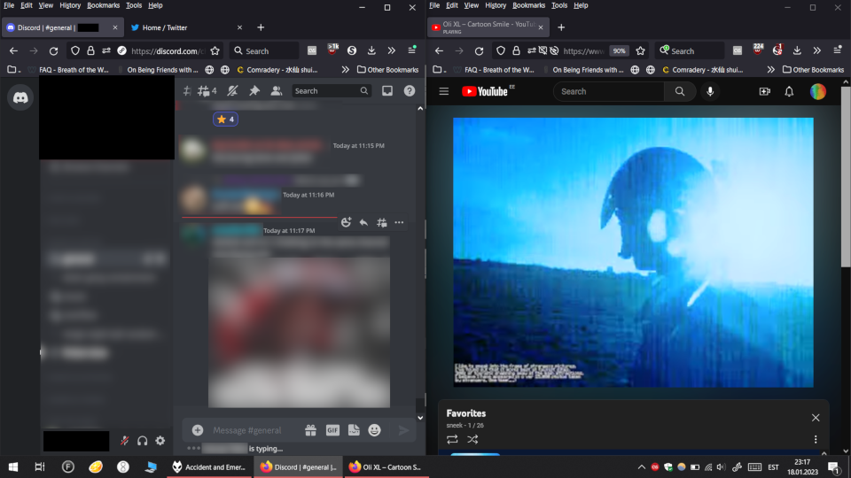 my screen, on january 18 2023 11:17pm, with youtube and discord side by side, and youtube playing the visualizer for cartoon smile by oli xl