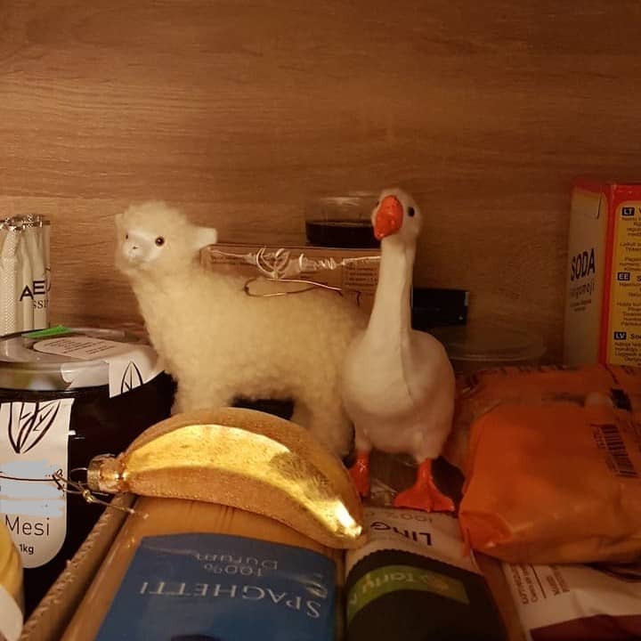 the 3 ornaments atop my food stash in my closet