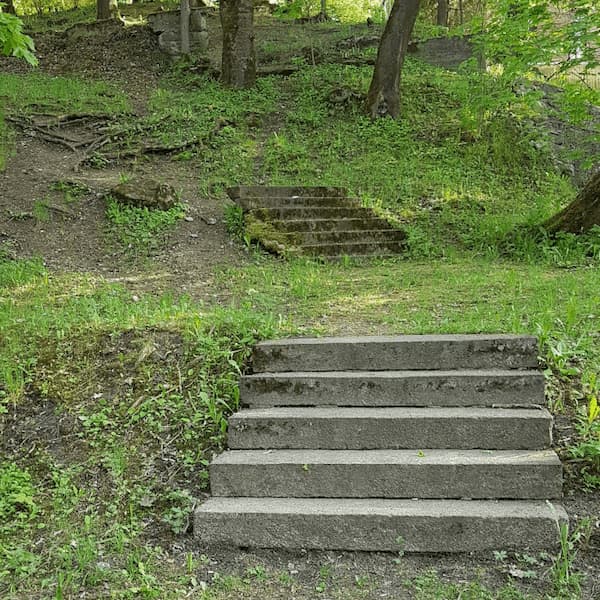 two small sets of stairs of a barely defined walking path in a hilly park area