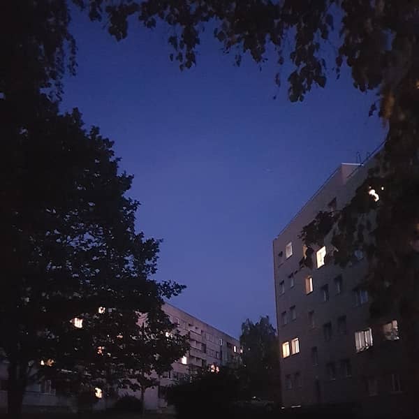 two apartment buildings at twilight with some windows lit, the image bordered by trees