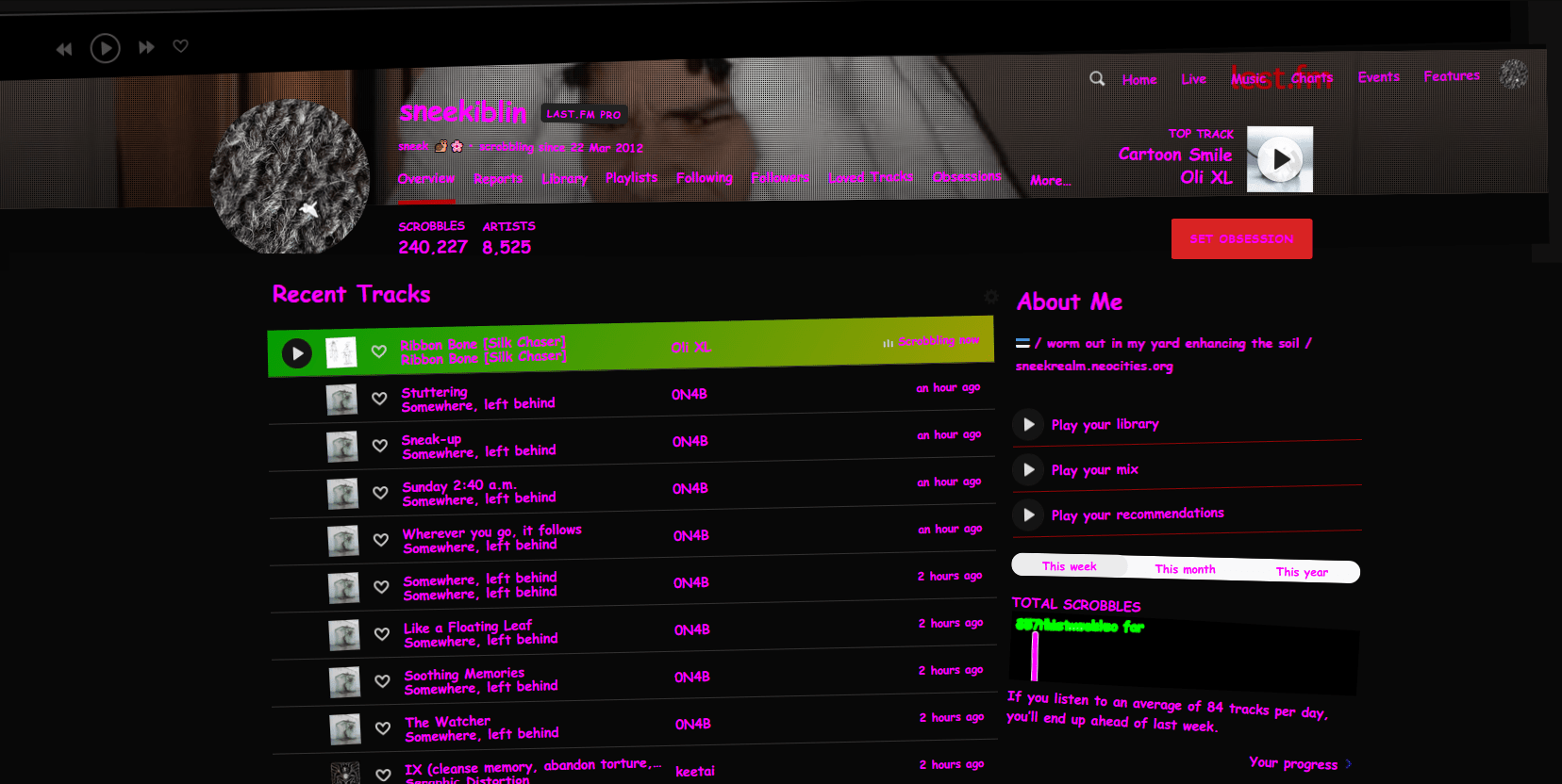 my last.fm profile in dark style, except all the text is in neon pink bold comic sans and almost every element is a little tilted one way or another