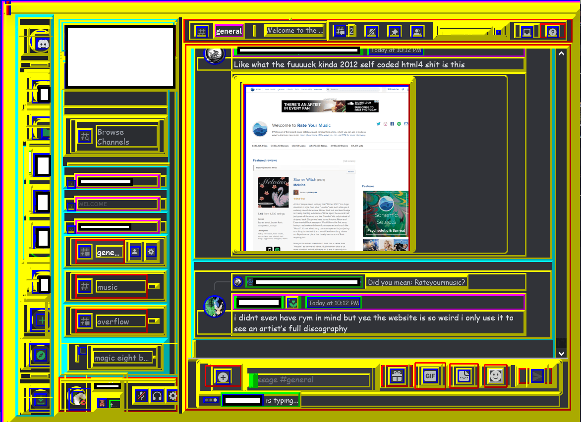 a discord channel in browser view, but the text is in bold comic sans and every single element has a coloured outset border around it