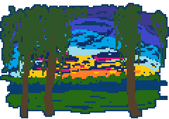 doodle of an elaborate sunset, with some trees framing it