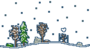 simple snowy nighttime landscape, with a small sapling with a heart above it, alongside few fullgrown trees, few rocks and bushes